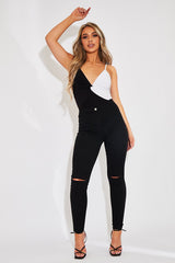 Black White Splice Twist Front Bodysuit - Alayja-Bodysuits