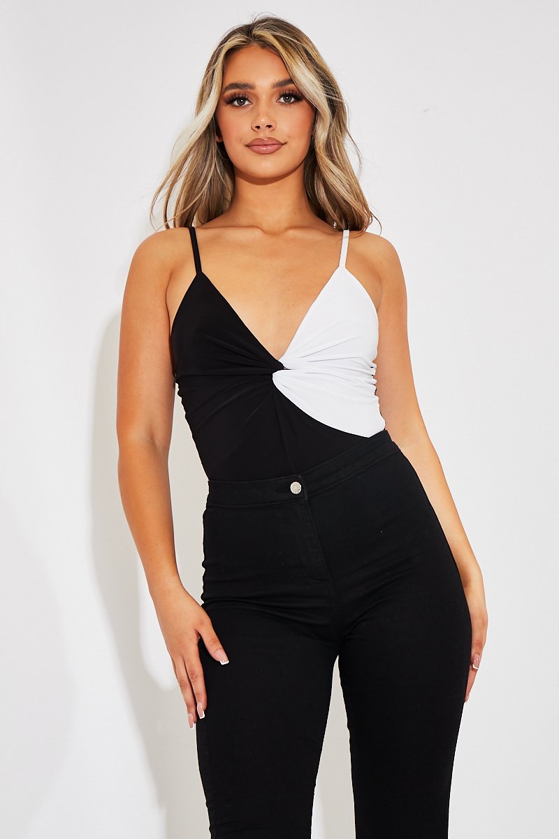 Black White Splice Twist Front Bodysuit - Alayja-Bodysuits