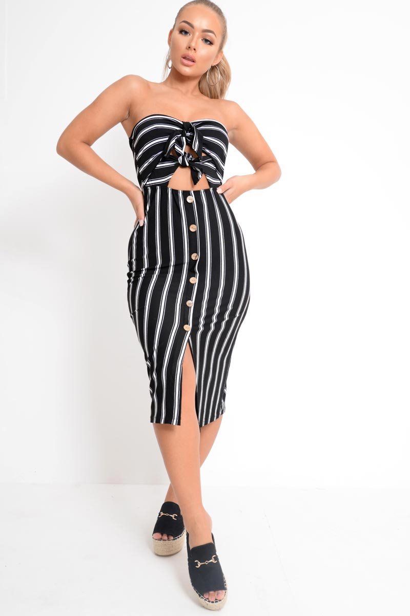 Black White Stripe Bandeau Tie Front Midi Dress - Lodema-Dresses