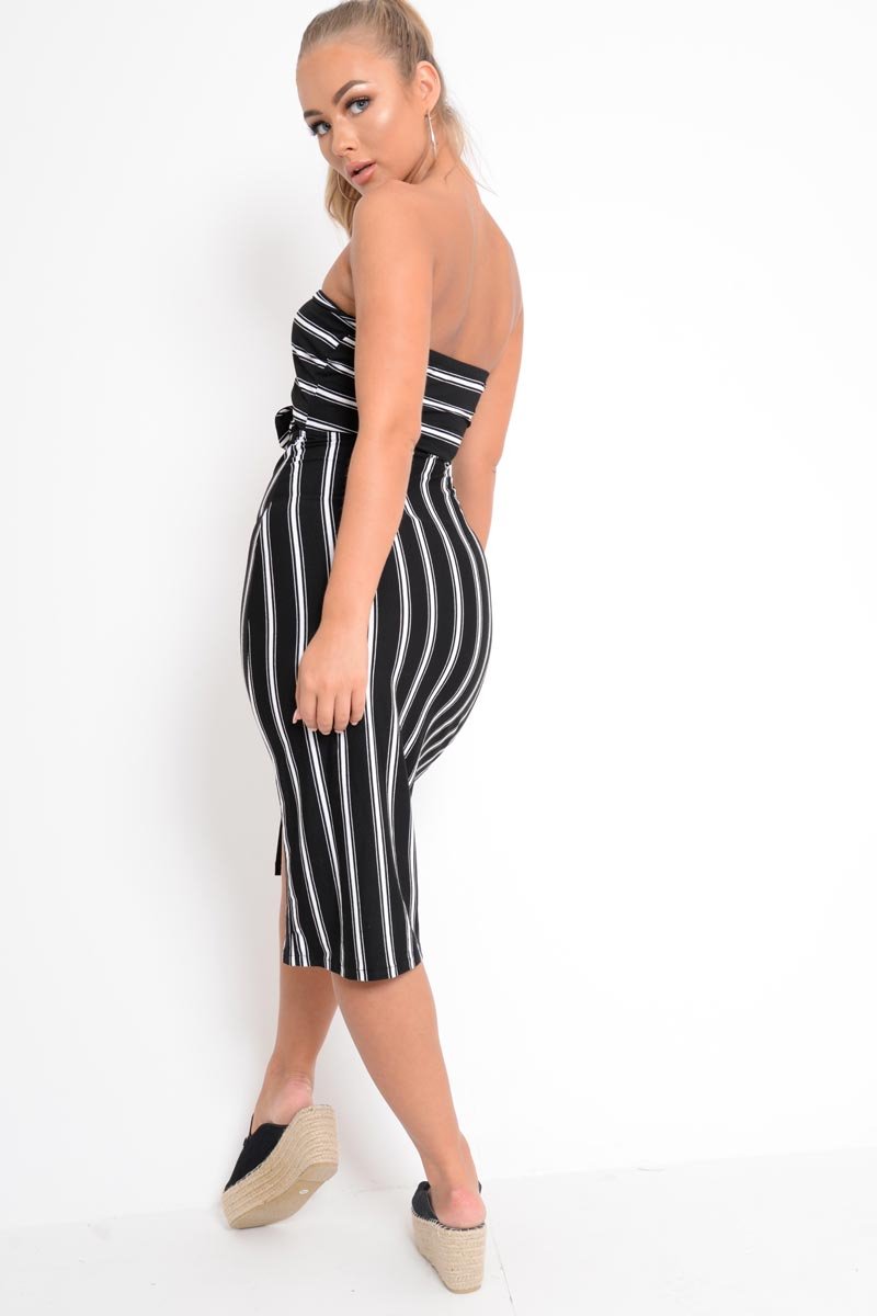 Black White Stripe Bandeau Tie Front Midi Dress - Lodema-Dresses