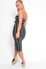 Black White Stripe Bandeau Tie Front Midi Dress - Lodema-Dresses