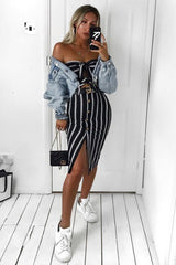 Black White Stripe Bandeau Tie Front Midi Dress - Lodema-Dresses