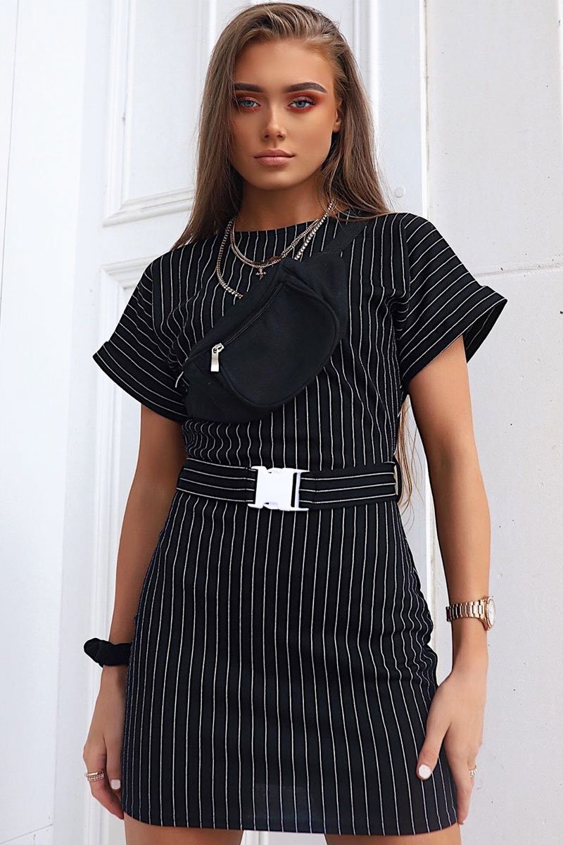 Black White Stripe Belted T-shirt Dress - Madisen Rebellious Fashion Black White Stripe Belted T-shirt Dress - Madisen Rebellious Fashion