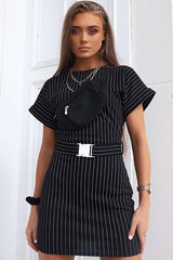 Black White Stripe Belted T-shirt Dress - Madisen-Dresses