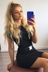 Black White Stripe Belted T-shirt Dress - Madisen-Dresses