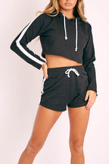 Black White Stripe Cropped Hoodie and Shorts Loungewear Co-ord - Dariella-Co-ords