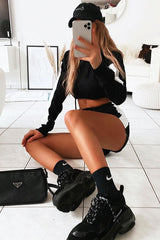 Black White Stripe Cropped Hoodie and Shorts Loungewear Co-ord - Dariella-Co-ords