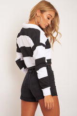 Black White Stripe Cropped Polo Top - Hadia-Crop Tops