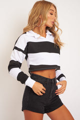 Black White Stripe Cropped Polo Top - Hadia-Crop Tops