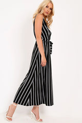 Black White Stripe Plunge Wrap Maxi - Skyelin-Dresses