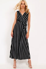 Black White Stripe Plunge Wrap Maxi - Skyelin-Dresses