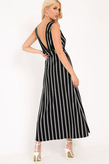 Black White Stripe Plunge Wrap Maxi - Skyelin-Dresses