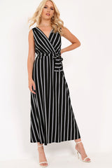 Black White Stripe Plunge Wrap Maxi - Skyelin-Dresses