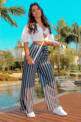 Black & White Stripe Tie Belt Trousers - Twisha-Trousers