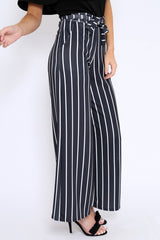 Black & White Stripe Tie Belt Trousers - Twisha-Trousers