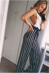 Black & White Stripe Tie Belt Trousers - Twisha-Trousers