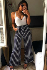 Black & White Stripe Tie Belt Trousers - Twisha-Trousers