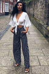 Black & White Stripe Tie Belt Trousers - Twisha-Trousers