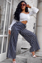 Black & White Stripe Tie Belt Trousers - Twisha-Trousers