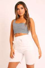 Black White Striped One Shouldered Crop Top - Kamri-Crop Tops