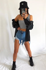 Black White Striped One Shouldered Crop Top - Kamri-Crop Tops