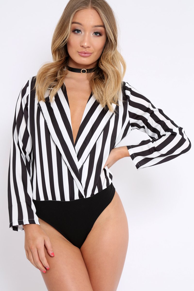 Black & White Striped Open Collar Bodysuit - Torie-Bodysuits