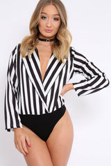 Black & White Striped Open Collar Bodysuit - Torie-Bodysuits