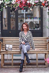 Black & White Striped Open Collar Bodysuit - Torie-Bodysuits