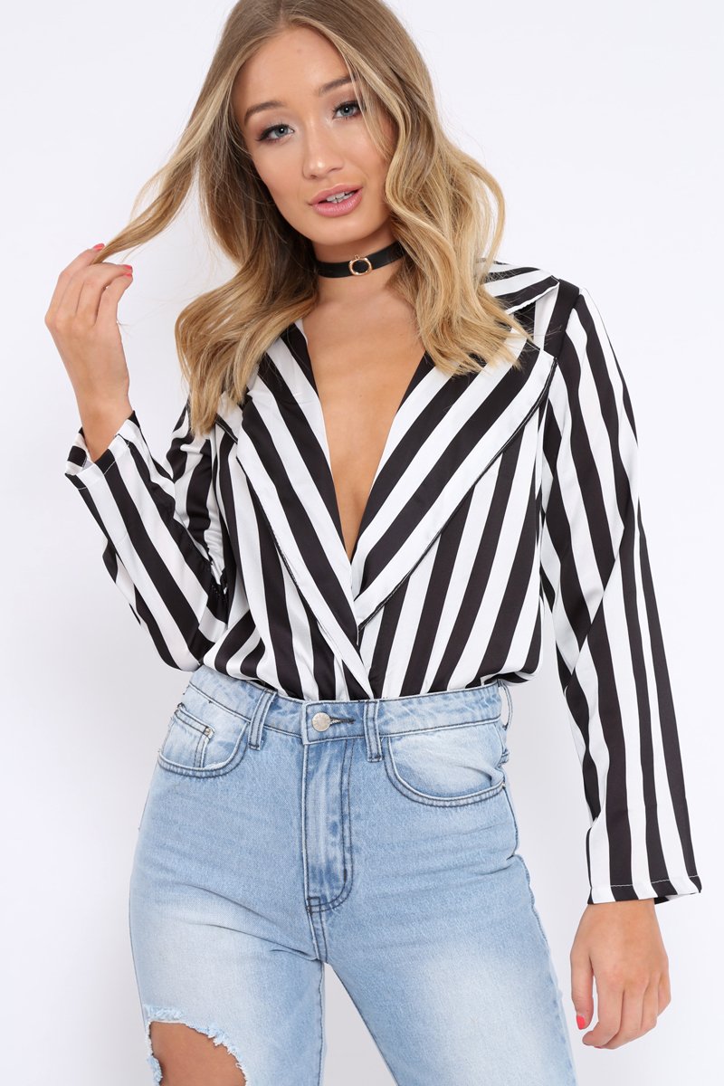Black & White Striped Open Collar Bodysuit - Torie-Bodysuits