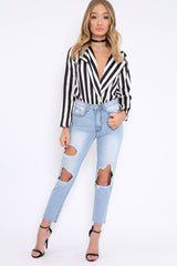 Black & White Striped Open Collar Bodysuit - Torie-Bodysuits