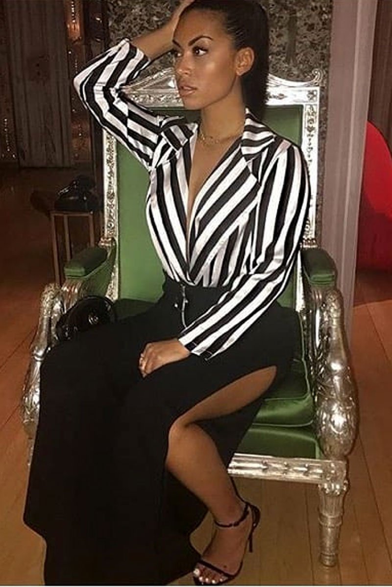 Black & White Striped Open Collar Bodysuit - Torie-Bodysuits