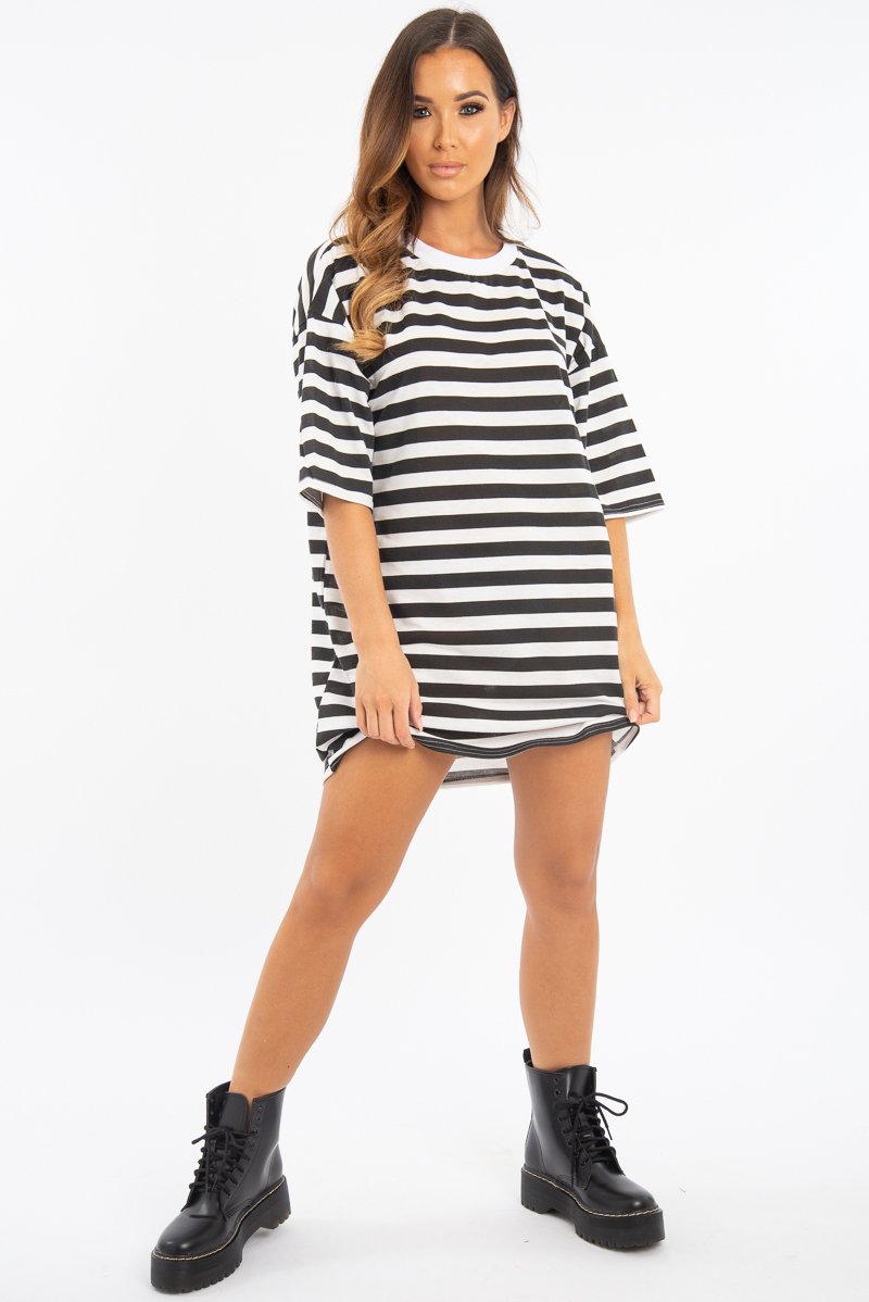 Black White Striped Oversized T Shirt Dress - Lacie-Dresses