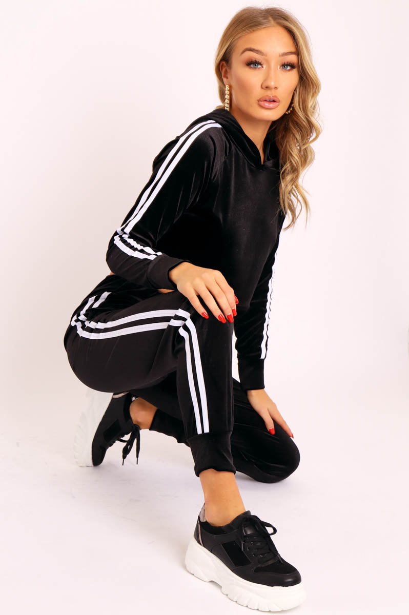 Black White Stripes Velvet Hoodie and Joggers Co-ord - Matie-Co-ords