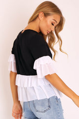 Black White Tulle Ruffle Hem and Sleeve T-shirt - Yazmyn-T-shirt