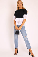 Black White Tulle Ruffle Hem and Sleeve T-shirt - Yazmyn-T-shirt
