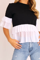 Black White Tulle Ruffle Hem and Sleeve T-shirt - Yazmyn-T-shirt