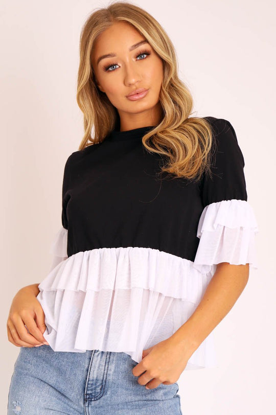 Black White Tulle Ruffle Hem and Sleeve T-shirt - Yazmyn