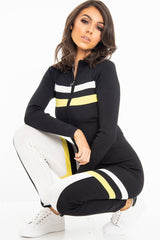Black White Yellow Striped Leggings and Crop Top - Aalijah-Loungewear