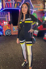 Black White Yellow Striped Leggings and Crop Top - Aalijah-Loungewear