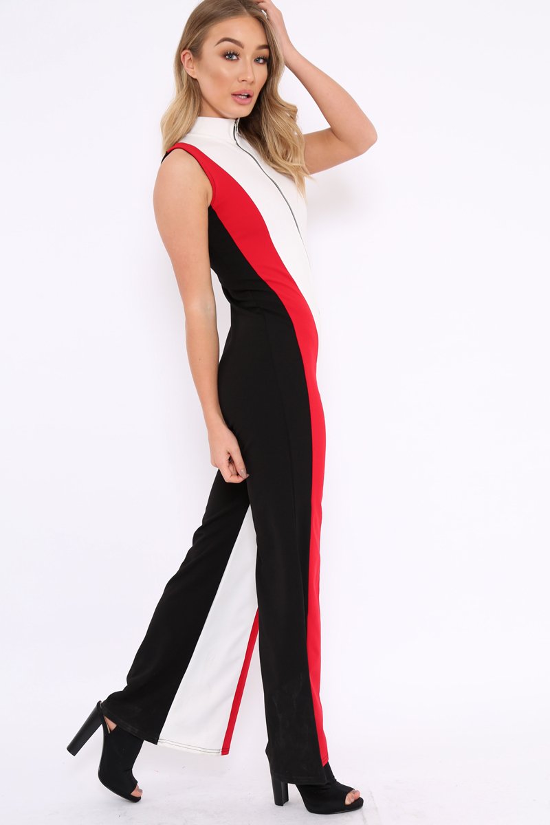 Black White and Red Striped Zip Front Jumpsuit - Brina-Jumpsuits