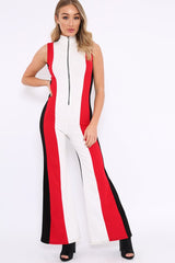 Black White and Red Striped Zip Front Jumpsuit - Brina-Jumpsuits