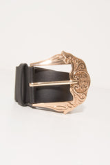 Black Wide Belt With Large Gold Buckle - Frida-Belts