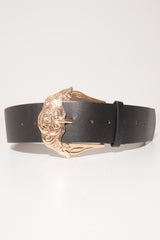 Black Wide Belt With Large Gold Buckle - Frida-Belts