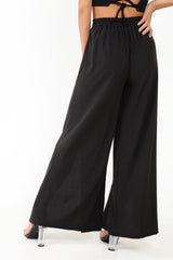 Black Wide Leg Belted Split Front Trousers - Aamira-Trousers