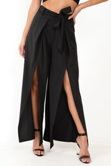 Black Wide Leg Belted Split Front Trousers - Aamira-Trousers