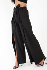Black Wide Leg Belted Split Front Trousers - Aamira-Trousers