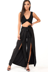 Black Wide Leg Belted Split Front Trousers - Aamira-Trousers