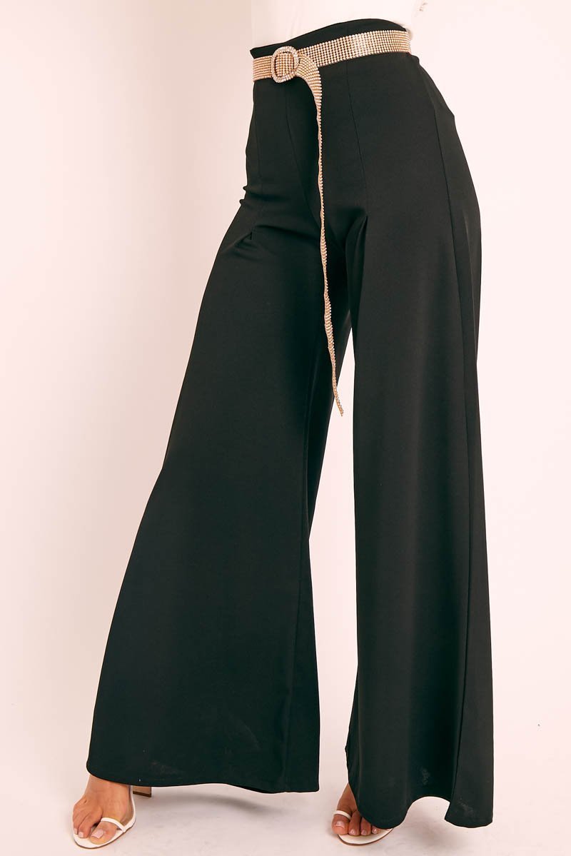 Black Wide Leg Flared Trousers - Averly-Trousers