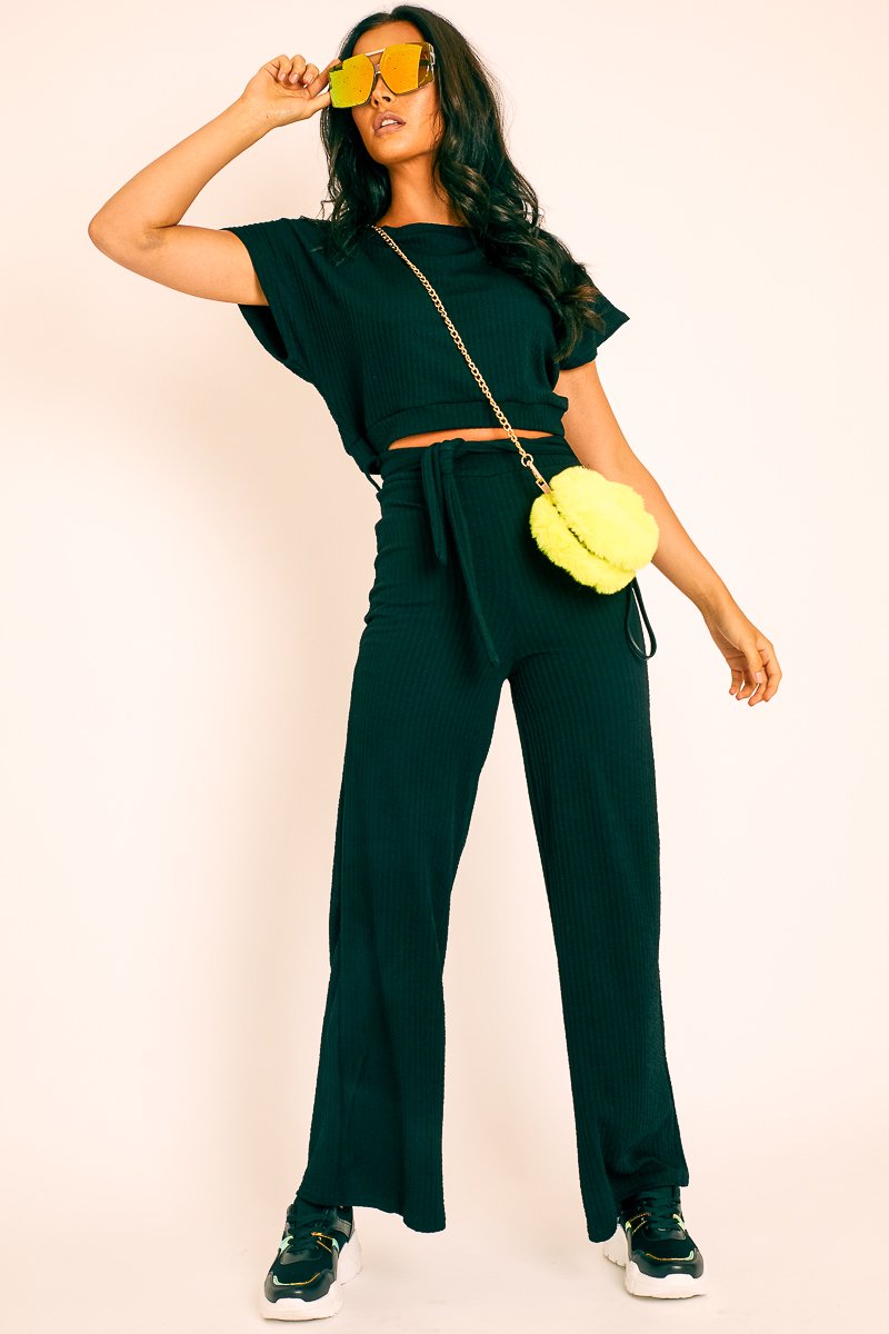 Black Wide Leg Ribbed Crop Top Loungewear Co-ord - Cesilia-Loungewear