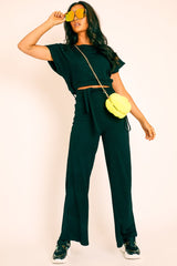 Black Wide Leg Ribbed Crop Top Loungewear Co-ord - Cesilia-Loungewear